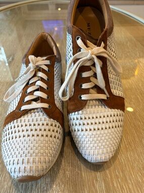 Mezlan White Woven Leather Sneakers with Brown Suede Trim